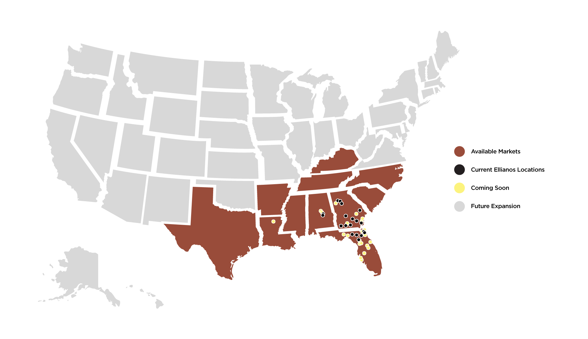US Map of Current and Coming Soon Ellianos Coffee Stores