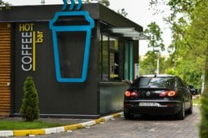 A drive thru coffee stand