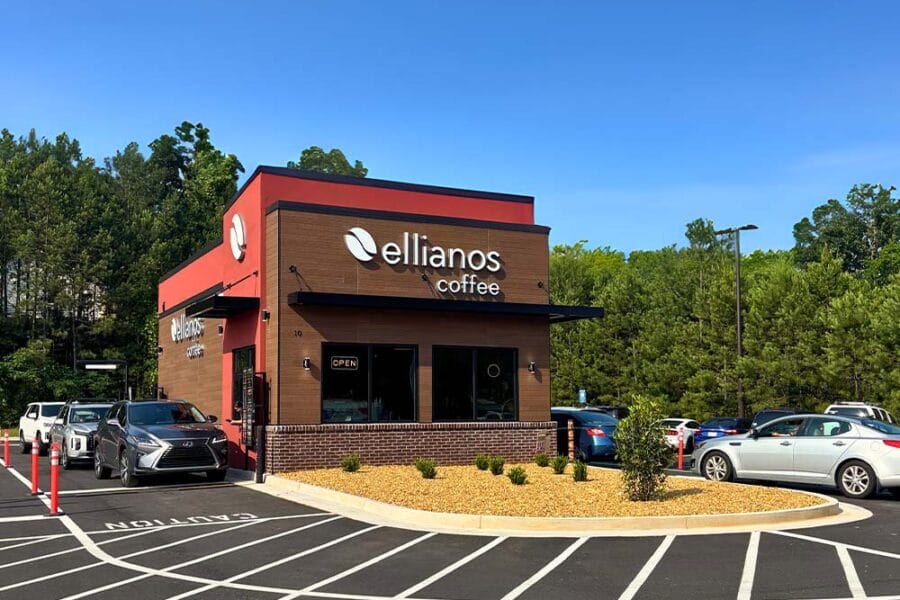 Store front of Ellianos Cartersville location with cars in line