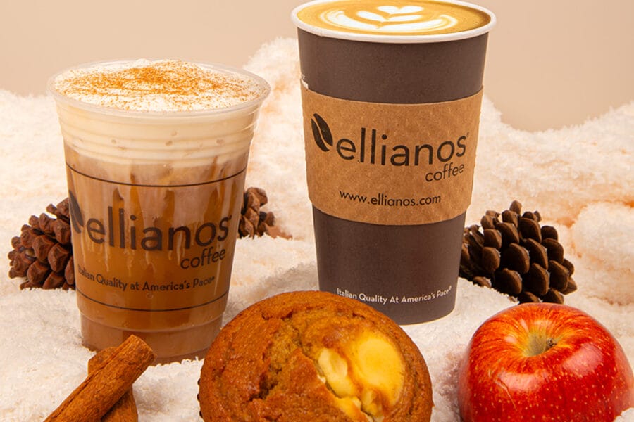 Fall Favorites Ellianos Drink with pumpkin muffin